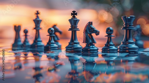 Chess pieces seen from close up, reflecting world map, strategy planning concept generative ai