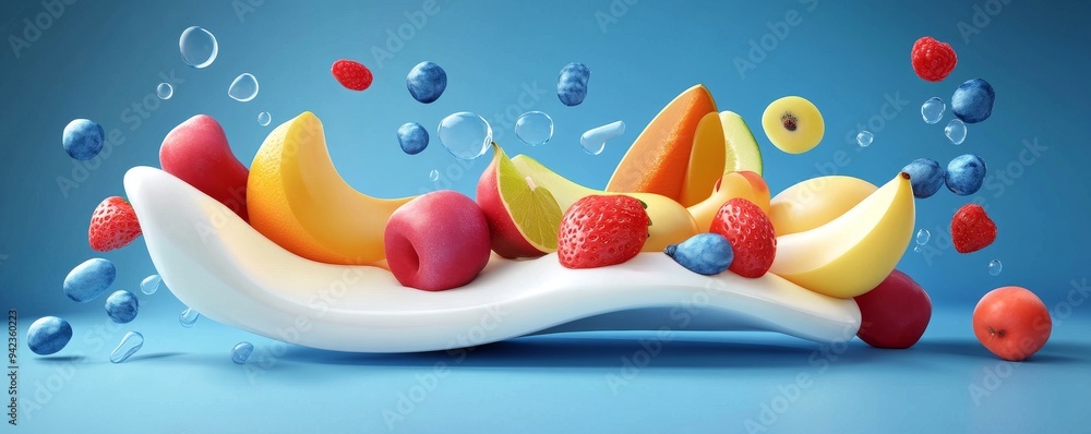Fresh fruits splash in creamy milk, creating a vibrant and delicious scene. Fresh fruits splash in creamy milk, creating a vibrant and delicious scene.