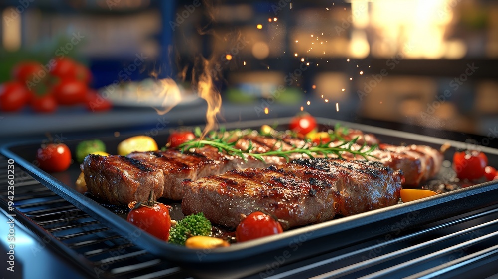 Grilled steak with vegetables on a baking sheet, flames and spices. Grilled steak with vegetables on a baking sheet, flames and spices.