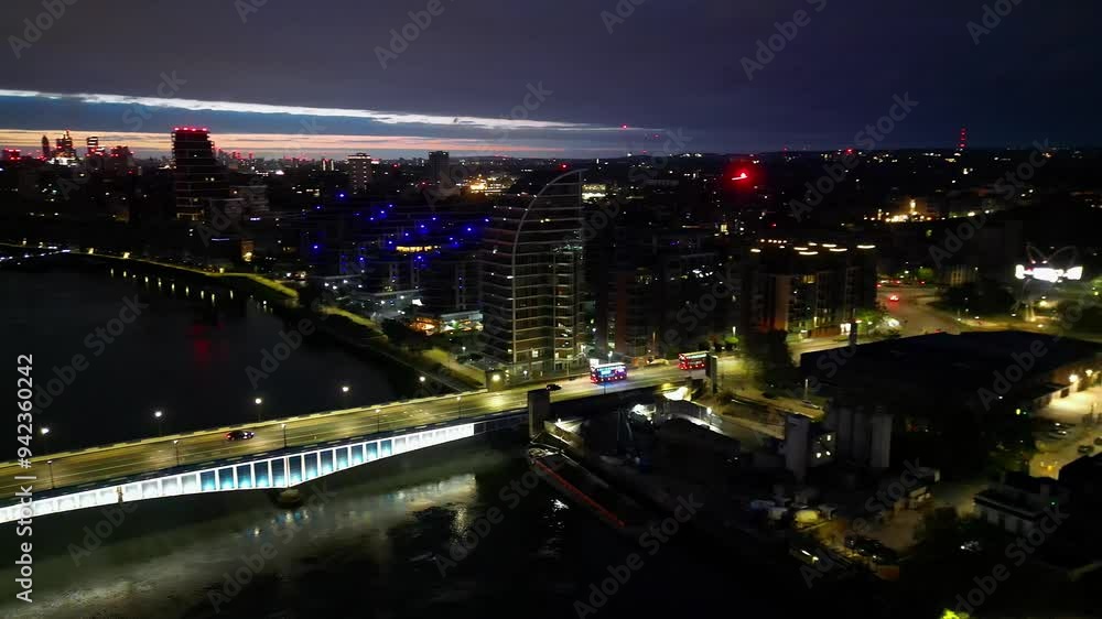 Aerial View of Illuminated Wandsworth Central London at River Thames, London, England UK. April 24th, 2024 Aerial View of Illuminated Wandsworth Central London at River Thames, London, England UK. April 24th, 2024