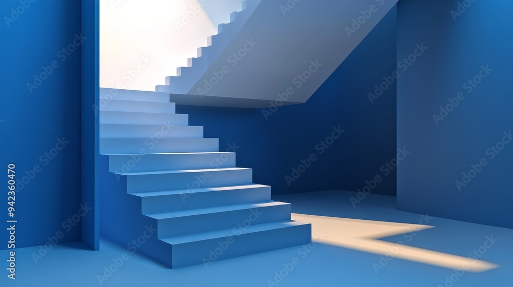Modern white staircase leading up to a bright, light-filled space. The blue walls and sunbeams create a clean and minimalist aesthetic. Modern white staircase leading up to a bright, light-filled space. The blue walls and sunbeams create a clean and minimalist aesthetic.