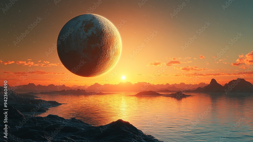 A vibrant space scene beautifully centers a large planet in a 3D illustration. A vibrant space scene beautifully centers a large planet in a 3D illustration.