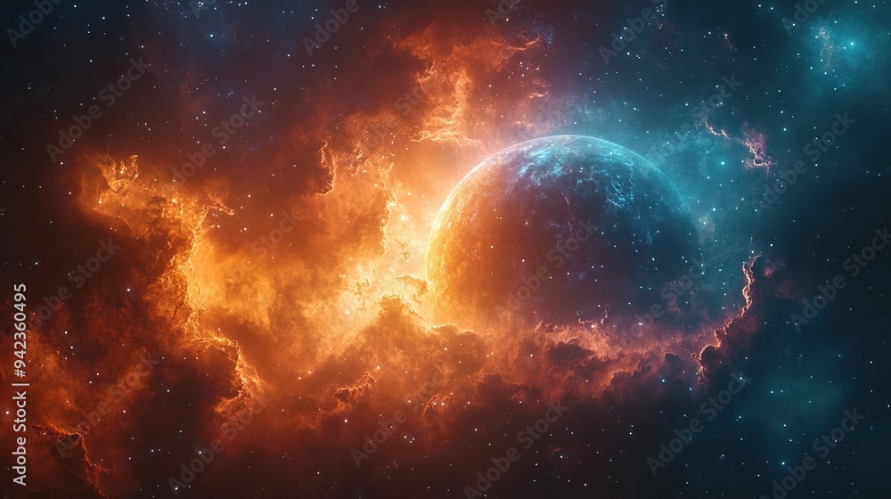 Fototapeta premium A vibrant space scene beautifully centers a large planet in a 3D illustration.