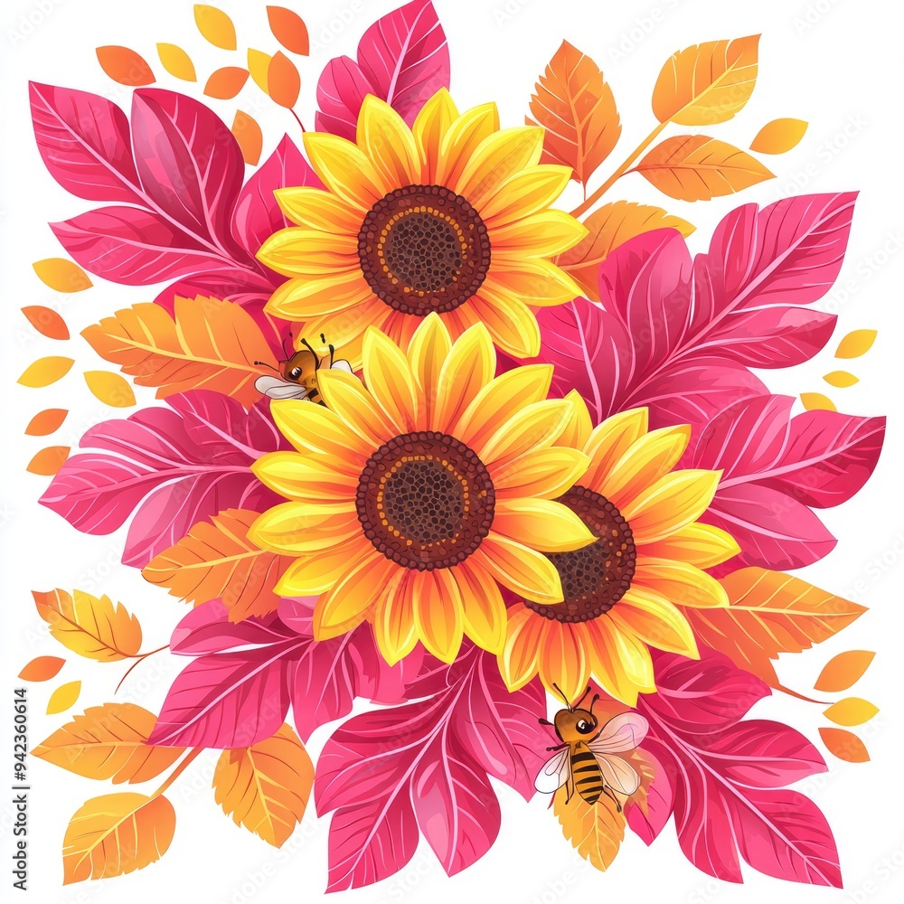 Vibrant Autumn Bouquet with Sunflowers and Bees Vibrant Autumn Bouquet with Sunflowers and Bees