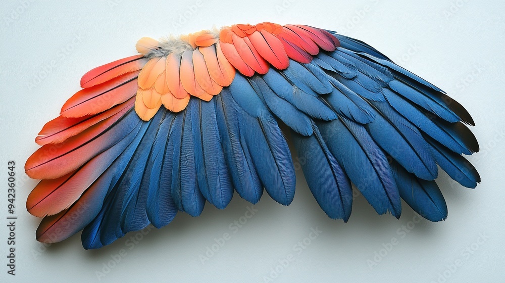Fototapeta premium A bird flutters gracefully, displaying blue feathers with red tips.
