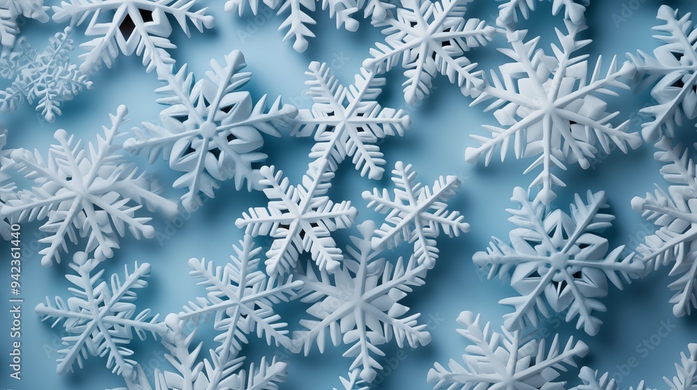 White snowflakes on a plain white or blue background, highlighting their unique symmetrical patterns. SEAMLESS PATTERN. SEAMLESS WALLPAPER. White snowflakes on a plain white or blue background, highlighting their unique symmetrical patterns. SEAMLESS PATTERN. SEAMLESS WALLPAPER.
