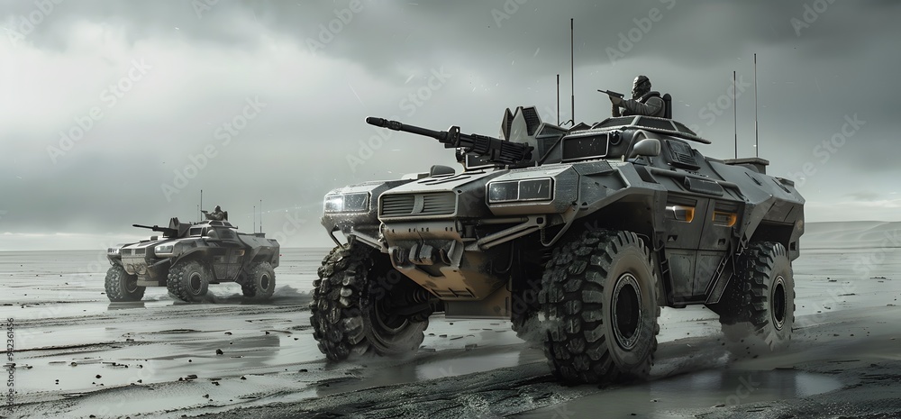 A highly detailed photo of an armored vehicle, with two other vehicles in the background, symbolizing strength and protection. A highly detailed photo of an armored vehicle, with two other vehicles in the background, symbolizing strength and protection.