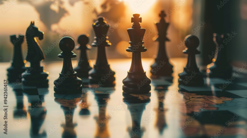 Chess pieces seen from close up, reflecting world map, strategy planning concept generative ai Chess pieces seen from close up, reflecting world map, strategy planning concept generative ai