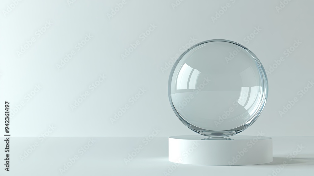 3D illustration of a transparent sphere on a circular base, floating in a clean white space with ample room for copy. 3D illustration of a transparent sphere on a circular base, floating in a clean white space with ample room for copy.