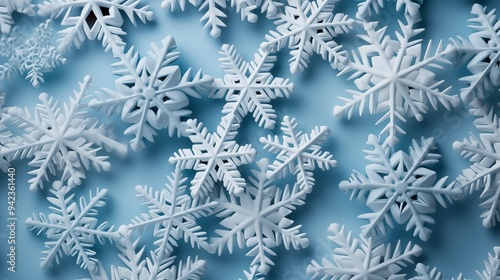 White snowflakes on a plain white or blue background, highlighting their unique symmetrical patterns. SEAMLESS PATTERN. SEAMLESS WALLPAPER.