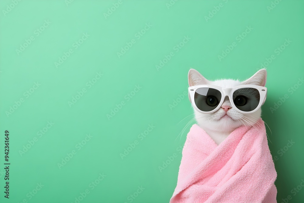 Fototapeta premium Cute kitten wrapping pink bath towel and wearing sunglasses relaxing at spa salon. Travel and summer vacation. Spa, beauty procedure, body care concept
