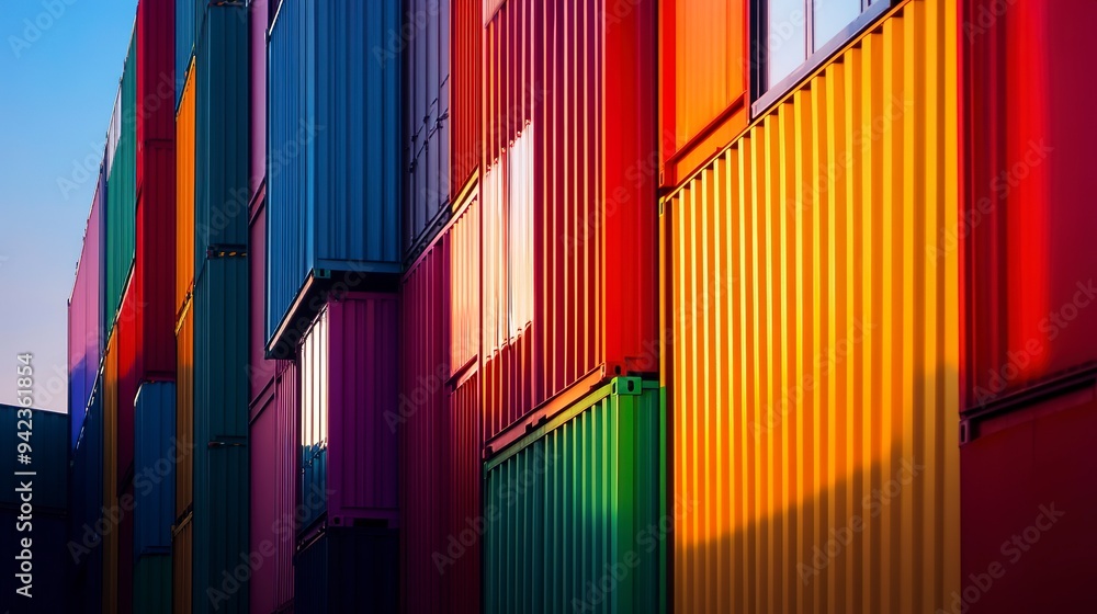 Fototapeta premium Colorful shipping containers at sunset.