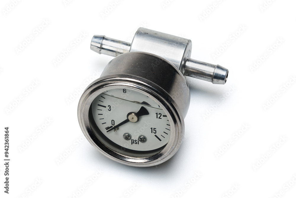 Studio photography of a low fuel pressure gauge isolated with soft shadow on a white background. Automobile tools used to check vehicle engine fuel pressure. Close-up equipment car repair and service. Studio photography of a low fuel pressure gauge isolated with soft shadow on a white background. Automobile tools used to check vehicle engine fuel pressure. Close-up equipment car repair and service.
