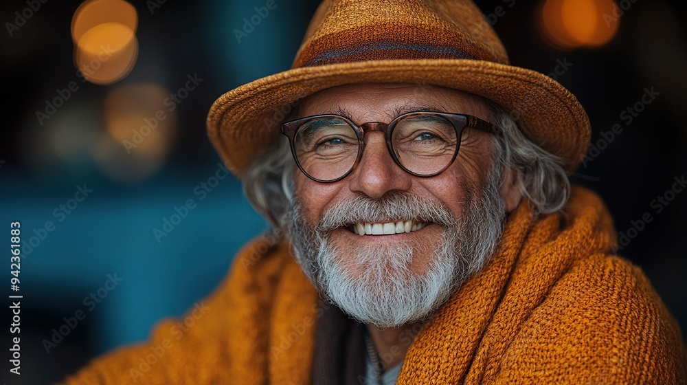 A serene blue background frames a cheerful senior hipster, enjoying a calm moment with a smile, embodying an active lifestyle for seniors. A serene blue background frames a cheerful senior hipster, enjoying a calm moment with a smile, embodying an active lifestyle for seniors.