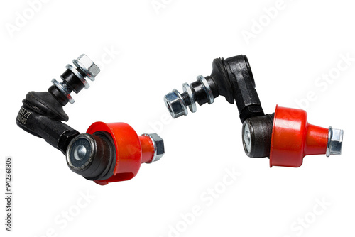 Studio photography of a vehicle stablisier link with shadow for wheels isolated on a white background. Close-up automobile spare parts for repair and service. New car suspension part. 