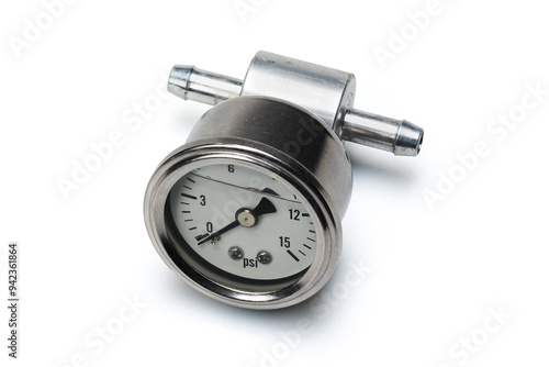 Studio photography of a low fuel pressure gauge isolated with soft shadow on a white background. Automobile tools used to check vehicle engine fuel pressure. Close-up equipment car repair and service.