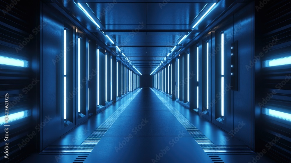 3D-rendered sci-fi corridor with glowing light strips along the walls and floor, creating a sleek, futuristic atmosphere. Perfect for product showcases or interior design displays.