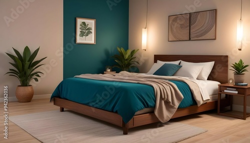 A minimalist bedroom showcasing a low-profile wooden bed frame, a textured brown throw blanket, and a large potted snake plant beside a wooden nightstand, all set against a backdrop of light taupe wal
