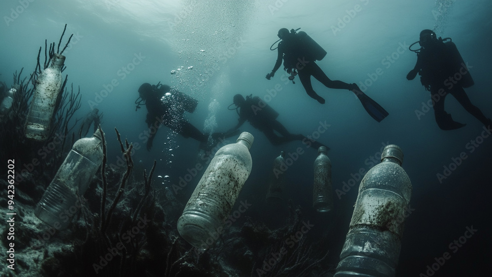 Scuba Divers Navigating Through Plastic Bottles in Muted Underwater Scene Scuba Divers Navigating Through Plastic Bottles in Muted Underwater Scene