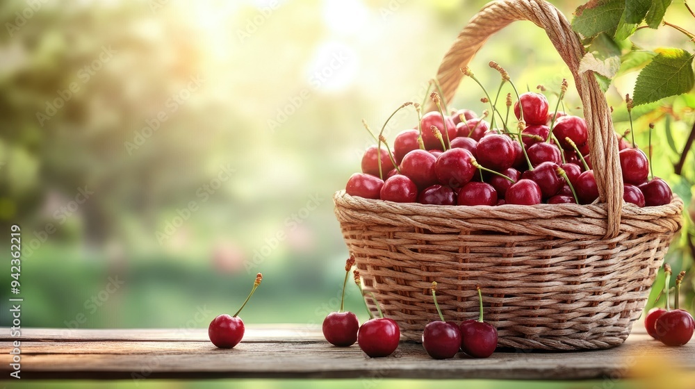 A basket full of ripe red cherries on a wooden table, with a soft-focus garden in the background. A basket full of ripe red cherries on a wooden table, with a soft-focus garden in the background.