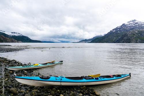 Sea kayaks at beach camp in Glacier Bay National Park in southeastern Alaska  photo