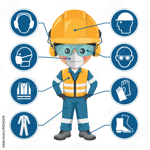 Engineer with personal protective equipment and icons, safety pictograms. Helmet, vest, glasses, gloves, footwear, coverall, ear protection, mask. Industrial safety and occupational health at work