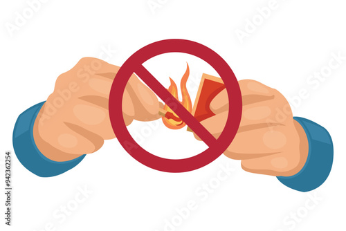 Prohibition sign No open flame; Fire, open ignition source and smoking prohibited. Lit match. Safety first. Industrial safety and occupational health at work