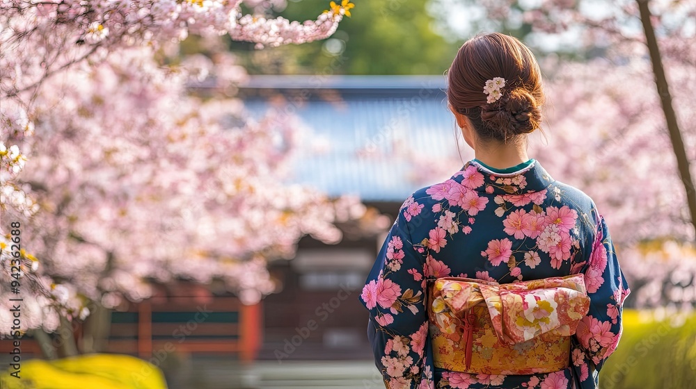 A Japanese woman in a colorful kimono admires the sakura cherry blossoms at Rokusonno Shrine, Kyoto, during the full bloom season. A picturesque spring stroll. A Japanese woman in a colorful kimono admires the sakura cherry blossoms at Rokusonno Shrine, Kyoto, during the full bloom season. A picturesque spring stroll.
