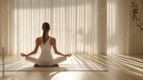 A girl in white doing yoga on a mat in a modern, minimalist room, her focus on strength and balance, with a calm indoor environment