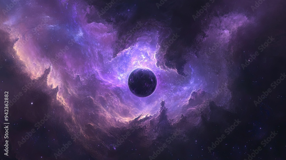 A mysterious nebula in deep space with swirling gases, colorful hues of purple and blue, and a lone planet emerging from the clouds of dust A mysterious nebula in deep space with swirling gases, colorful hues of purple and blue, and a lone planet emerging from the clouds of dust