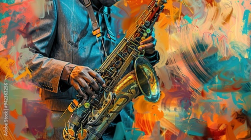 Close-up of a Saxophonist's Hand Playing a Saxophone with Abstract Background