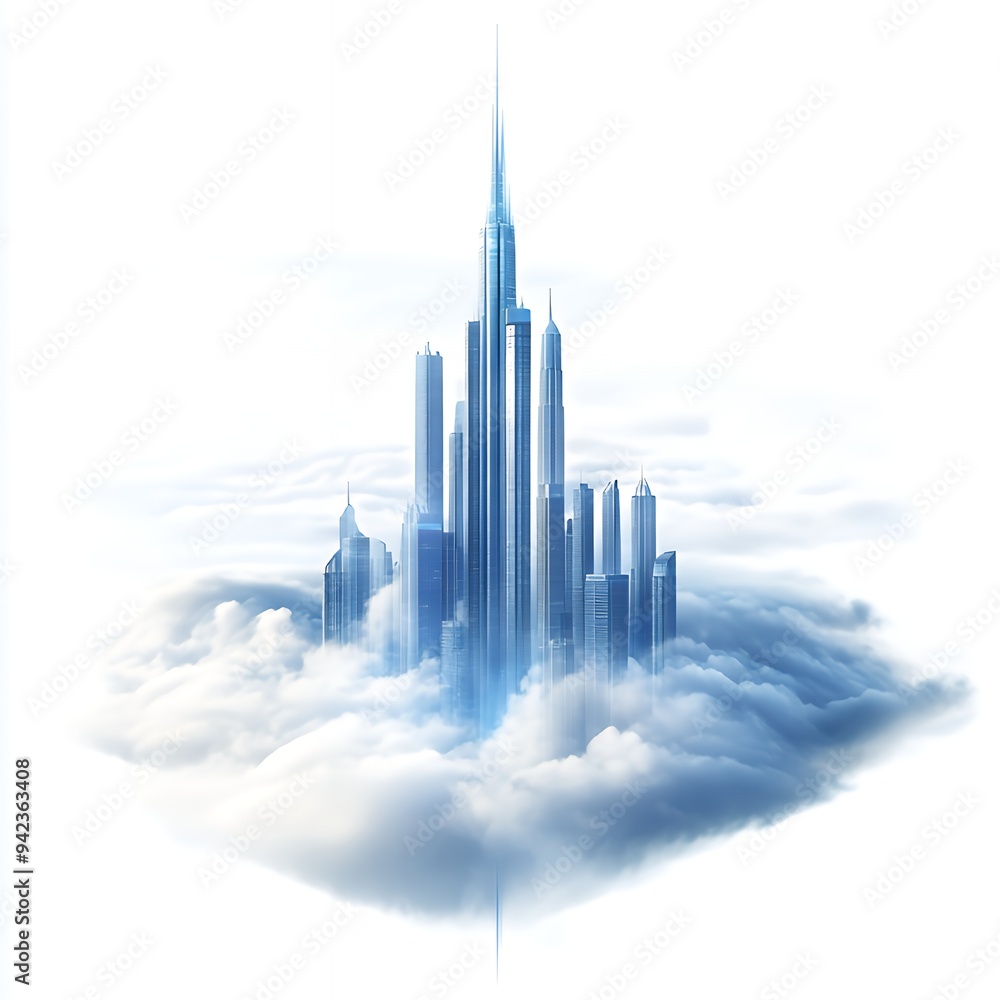 Fototapeta premium A futuristic city skyline emerging from clouds, symbolizing innovation and aspiration.