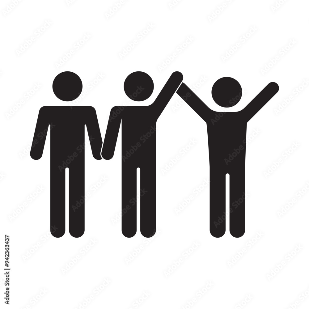 Teamwork success icon. Three stick figures together. Minimalist black silhouette. Vector collaboration symbol. Teamwork success icon. Three stick figures together. Minimalist black silhouette. Vector collaboration symbol.