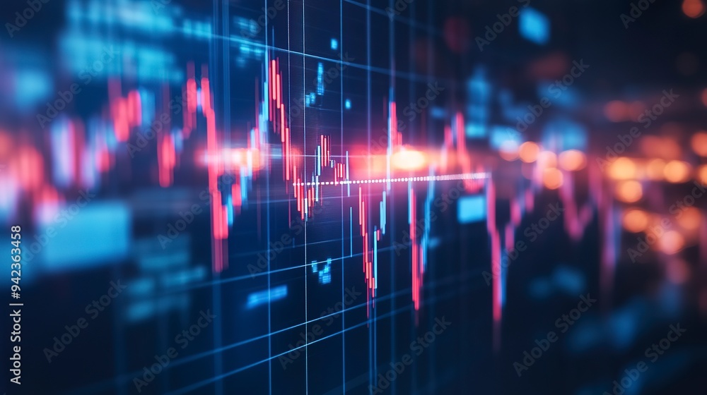 Macro close-up of a stock market investment trading chart displayed in blue, analyzing data with candlestick graphs Macro close-up of a stock market investment trading chart displayed in blue, analyzing data with candlestick graphs