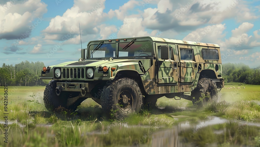 A military hummer in camouflage is driving on the grass near an open field. On top of it there is a small white cloud and a camera mounted to its roof for pointing towards you. A military hummer in camouflage is driving on the grass near an open field. On top of it there is a small white cloud and a camera mounted to its roof for pointing towards you.