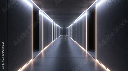 Abstract futuristic corridor with clean lines  cement floors  and soft ambient lighting  creating a sleek environment for showcasing modern products or interior designs.