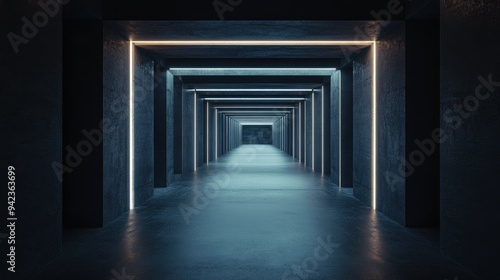 Abstract futuristic corridor with dark cement walls, illuminated by soft ambient lighting. Ideal for showcasing products or creating modern, sci-fi-inspired interior designs.