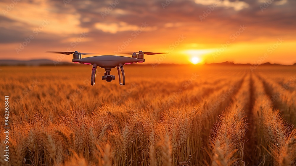 A drone at sunset captures a golden wheat field, employing smart technology for agricultural monitoring and AI-driven innovation. A drone at sunset captures a golden wheat field, employing smart technology for agricultural monitoring and AI-driven innovation.