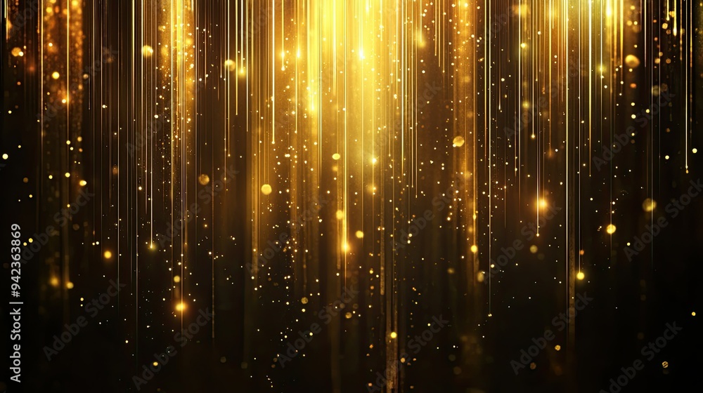 Abstract glowing gold vertical lighting lines on a dark background with shimmering effects and subtle sparkles. Luxury design style with ample copy space for text. Abstract glowing gold vertical lighting lines on a dark background with shimmering effects and subtle sparkles. Luxury design style with ample copy space for text.