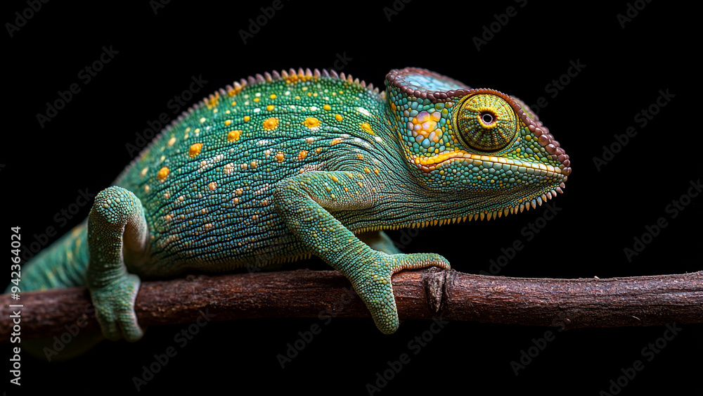 Fototapeta premium Green Chameleon on Exotic Tree Branch Against Black Background