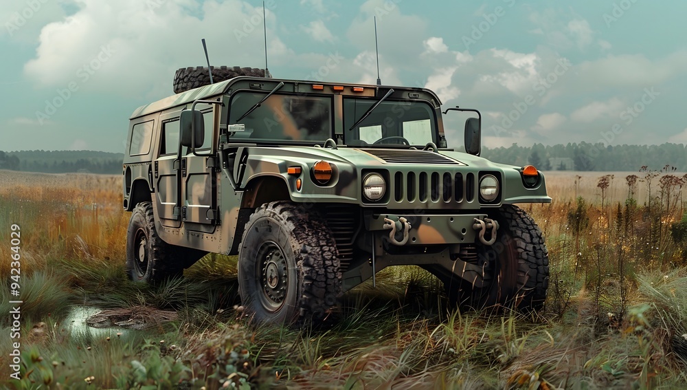 A military hummer in camouflage is driving on the grass near an open field. On top of it there is a small white cloud and a camera mounted to its roof for pointing towards you. A military hummer in camouflage is driving on the grass near an open field. On top of it there is a small white cloud and a camera mounted to its roof for pointing towards you.