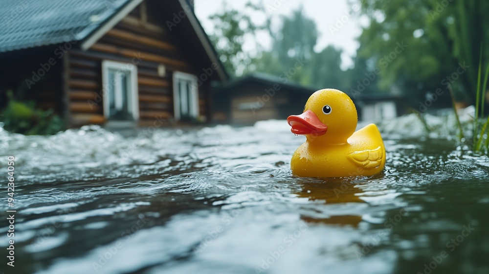 Water, house or rubber duck in hurricane flood, chaos or natural disaster, damage or destruction. Splash, insurance and home crisis with plumbing mistake, leak or emergency, evacuation or relocation Water, house or rubber duck in hurricane flood, chaos or natural disaster, damage or destruction. Splash, insurance and home crisis with plumbing mistake, leak or emergency, evacuation or relocation