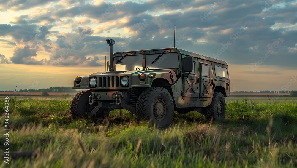 A military hummer in camouflage is driving on the grass near an open field. On top of it there is a small white cloud and a camera mounted to its roof for pointing towards you. A military hummer in camouflage is driving on the grass near an open field. On top of it there is a small white cloud and a camera mounted to its roof for pointing towards you.