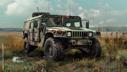 A military hummer in camouflage is driving on the grass near an open field. On top of it there is a small white cloud and a camera mounted to its roof for pointing towards you.