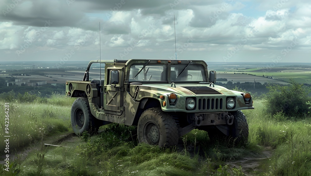 A military hummer in camouflage is driving on the grass near an open field. On top of it there is a small white cloud and a camera mounted to its roof for pointing towards you. A military hummer in camouflage is driving on the grass near an open field. On top of it there is a small white cloud and a camera mounted to its roof for pointing towards you.