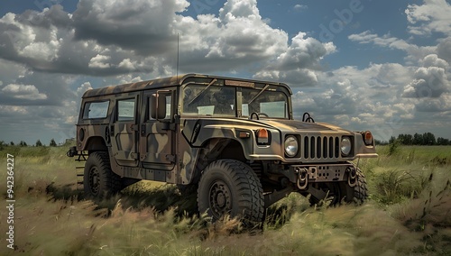 A military hummer in camouflage is driving on the grass near an open field. On top of it there is a small white cloud and a camera mounted to its roof for pointing towards you.