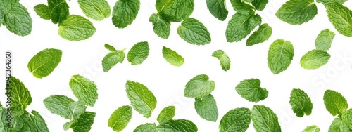 Mint leaves floating in the air against a white background