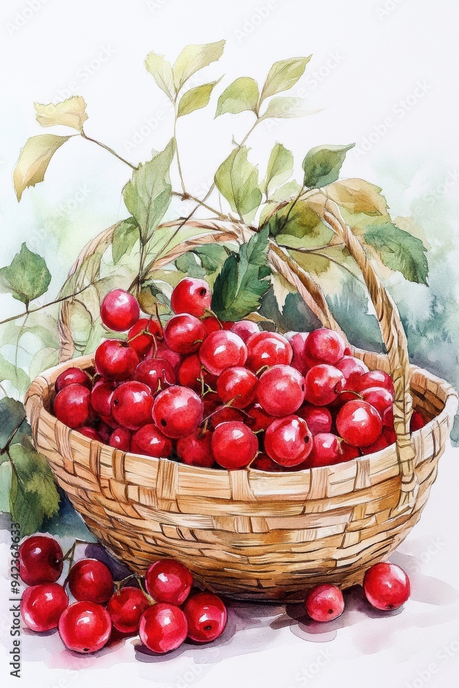 Basket of Red Fruits with Green Leaves Basket of Red Fruits with Green Leaves