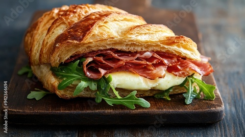 Close-up of a flaky croissant sandwich with melted camembert, thin slices of prosciutto, and fresh arugula, placed on a rustic wooden board.