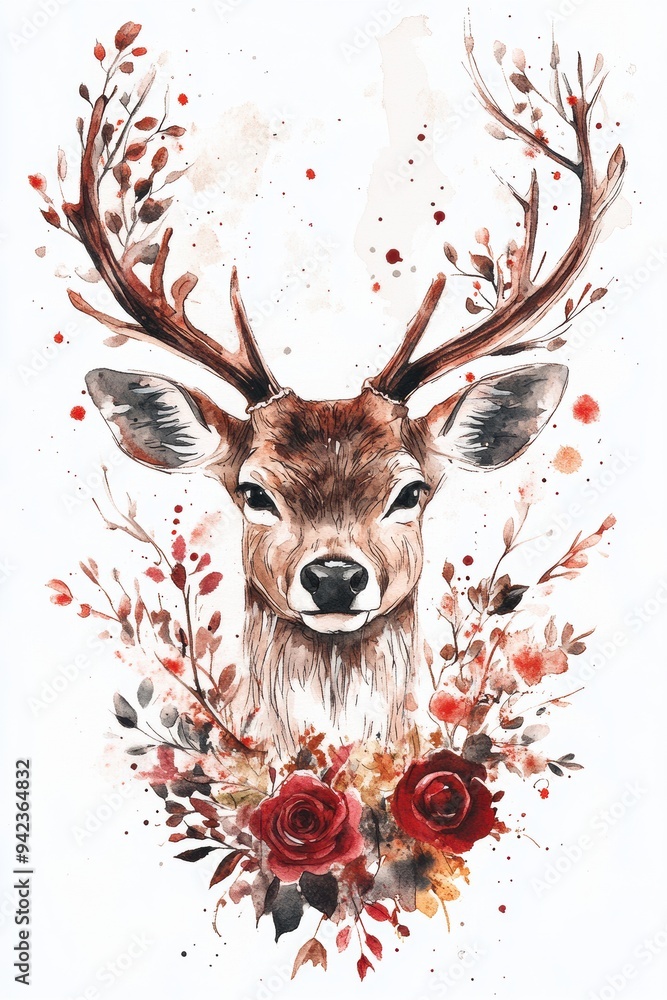 Artistic Deer Head Portrait with Floral Accents Artistic Deer Head Portrait with Floral Accents